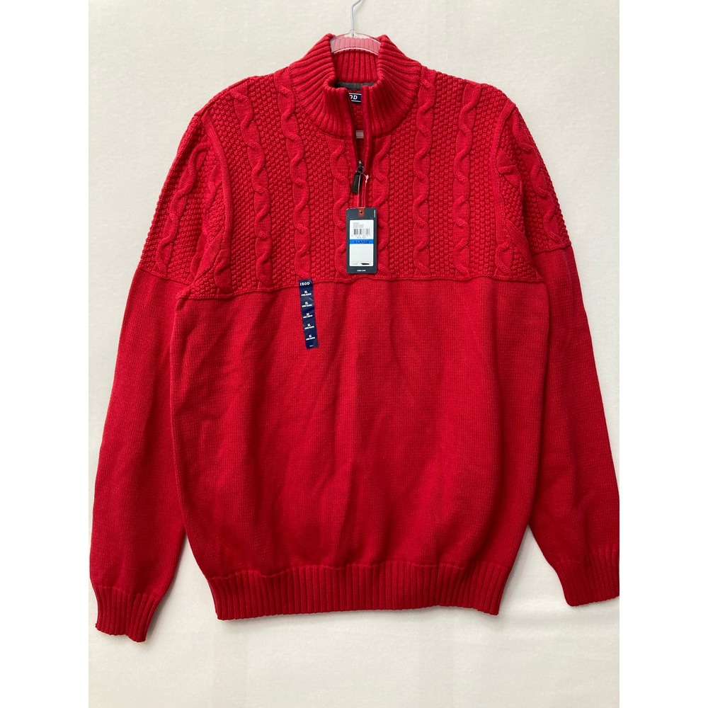 New IZOD Mens Quarter Zip Sweater XL Red Cable Knit Cotton Pullover Holiday